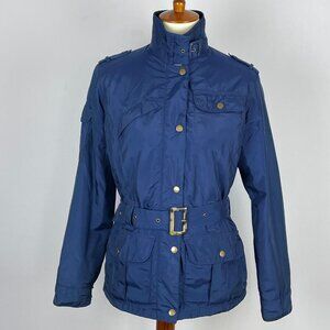 Vtg Barbour Blue Metallic Amelia Jacket US Sz 6 Waterproof Quilted Short Trench
